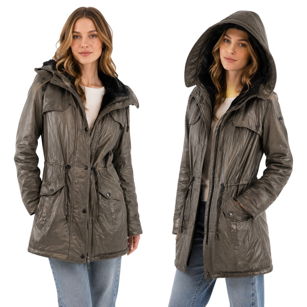 Laundry by Shelli Segal Parka Jacket Olive Green Faux Fur Hood Utility Women S